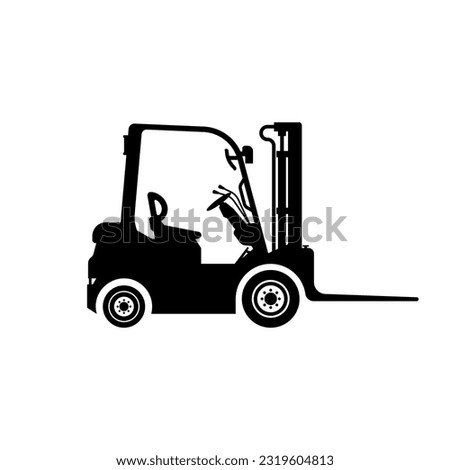 Forklift truck black icon. Template for delivery, logistics, and shipping cargo. Vector illustration flat design. Isolated on white background.