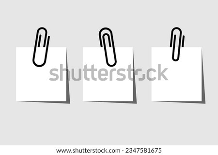 Black paperclip with blank white notepaper. White sheet for your message or adding more text. Vector illustration flat design. Isolated on white background. Template for memo. Notebook space.