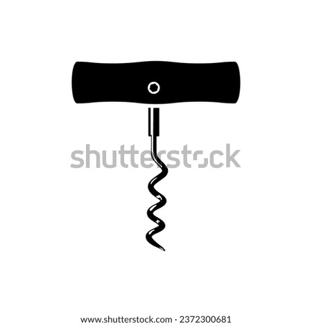 Corkscrew black icon for wine bottle isolated on white background. Old corkscrew with wooden handle.  Vector illustration flat design. Isolated on white background.