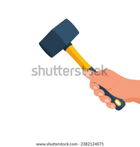 Tile hammer in the hands of a tile master. Hammer with rubberized yellow handle. Hand tools for laying tiles and stones. Vector illustration flat design. Isolated on white background.