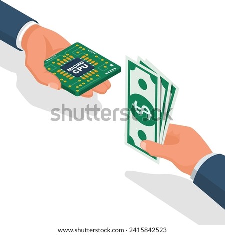 Purchase an electric board. Buy electronic chip. Semiconductor shortage. Money for microchip. Two businessmen make a deal. Vector illustration isometric design. Isolated on white background.