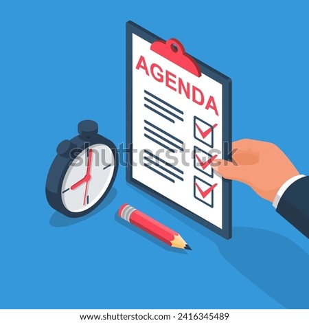 Agenda list. Vector illustration, isometric design. Man holds clipboard to do list. Checklist. Control clock. Isolated on background.
