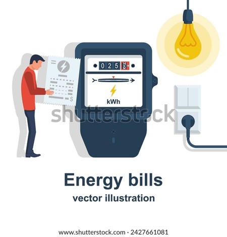 Energy bills. Man paying utilities. Concept of invoice and electricity meter. Electricity bills. Check for payment in hand. Vector illustration flat design. Isolated on background.