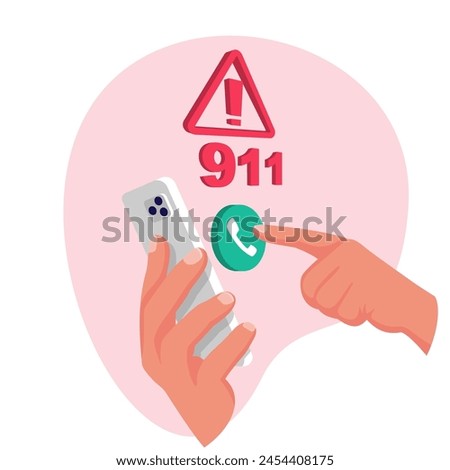 Call 911. Frightened man calling the rescue service. Phone in hand. Call ambulance, firefighters or police. Vector illustration flat design. Isolated on white background.