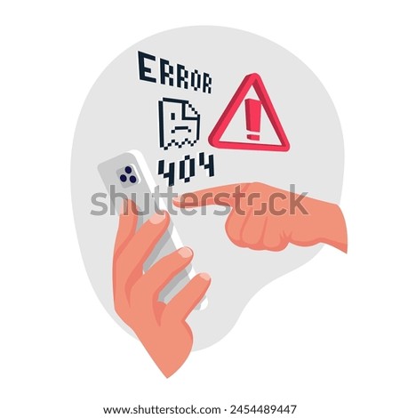 Page load error. Error Web site 404 on the screen of the smartphone. Torn page in pixel design. Vector illustration flat design. Message on the screen. Angry young guy without internet.