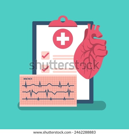 Cardiology concept. Medical research. Clipboard with cardiogram and big human heart. Heartbeat with life line, symbol healthcare. Medical background. Vector illustration flat design.