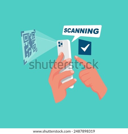 Scanning QR code on mobile phone. Modern digital technology. Scanning with card quick code on smartphone. Vector illustration flat design. Isolated on background.