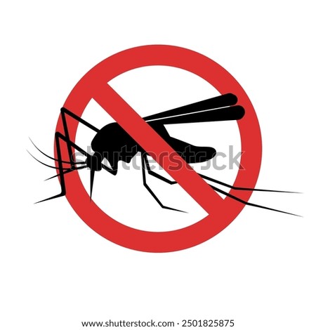 Stop mosquito. Red prohibition sign. Ban insects. Anti pest cartoon sign. Vector illustration flat design. Isolated on background. Malaria epidemic. No mosquito.