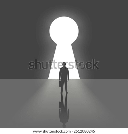 Businessman in suit standing in front of keyhole. Solution to problem business concept. Man looks at open opportunities. Male walking go to goal. Vector illustration flat design.