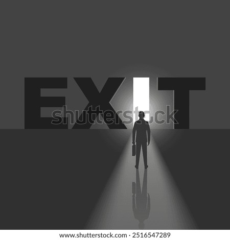 Sign exit. Silhouette man runs into open door. Symbol pictogram exit. Icon evacuation. Vector illustration flat design. Isolated on green background. 