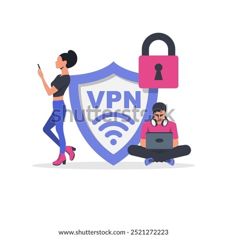 Virtual private network. People Using VPN. System to protect personal data. Young people with a smartphone and a laptop. Secure network connection and privacy protection. Cyber security. Vector.