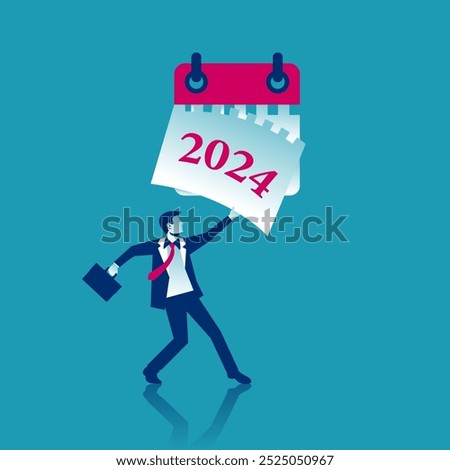 Goodbye 2024. A businessman tears off a calendar sheet of the outgoing year. Parting with coming year. Vector illustration flat design. Isolated on white background.