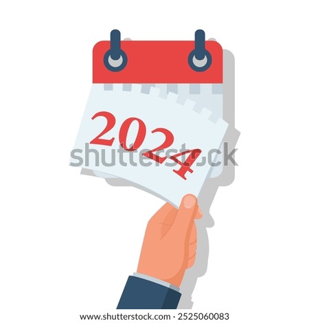 Goodbye 2024. A businessman tears off a calendar sheet of the outgoing year. Parting with coming year. Vector illustration flat design. Isolated on white background.