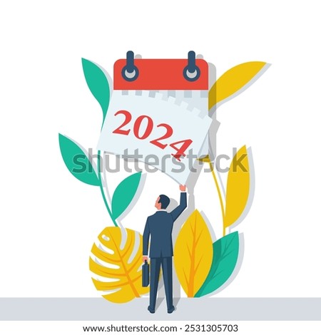 Goodbye 2024. A businessman tears off a calendar sheet of the outgoing year. Parting with coming year. Vector illustration flat design. Isolated on white background.