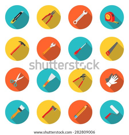 Set icons hand tools flat style: screwdriver, wrench, pliers, trowel,spanner,  stationery knife, putty knife, scissors, gloves, paint roller, paint brush, saw, axe, tape measure, hammer