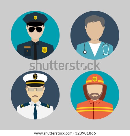 Profession people. flat avatars. sailor, policeman, fireman, doctor. for web and mobile app. vector illustrations