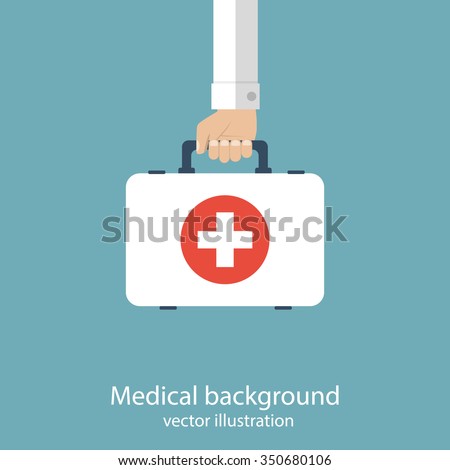 First aid kit in hands doctor. Medical background. Vector illustration in flat design.