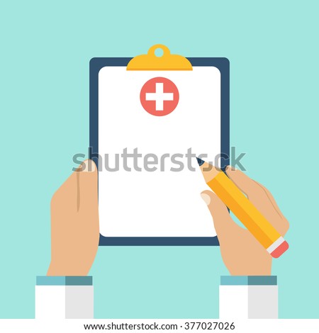 Clipboard in hand doctor. Doctor takes notes in a Clipboard. Medical report, medical background. Vector, flat design. Patient care. Blank, template.