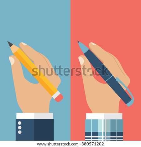 Pencil and pen hold in hand set for writing. Vector illustration, flat design. Writer, journalist, student. Hand writing man.