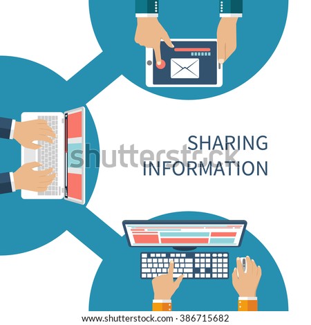 Sharing information concept vector. Social Network, information exchange, data, web, internet. Connection and share. Flat design. Global communication. Vector illustration. User device on sign share.