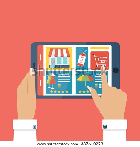 Shopping online concept. Tablet in hands of woman make purchases on internet. Online store. Vector illustration flat design. Website on the tablet screen.