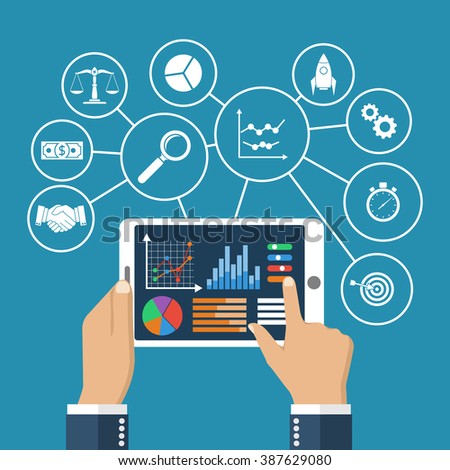 Statistics concept. Statistical datawith charts and diagrams in tablet. Virtual interface with the business control icons. Vector, flat design.