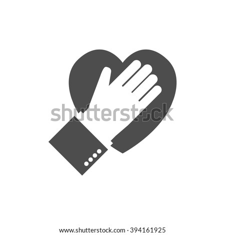 Hand on heart black icon on white background. Logo. Flat design. Pledge. Vector illustration. Allegiance icon. 