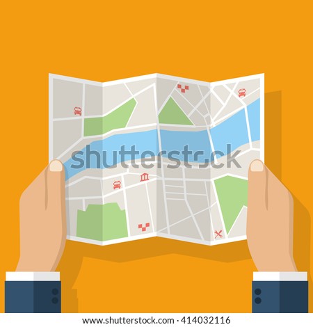 Hands holding paper map. Folded map in hands of men. Tourist look at map of the city to the river, is looking for. Vector Illustration in flat design. Travel concept.