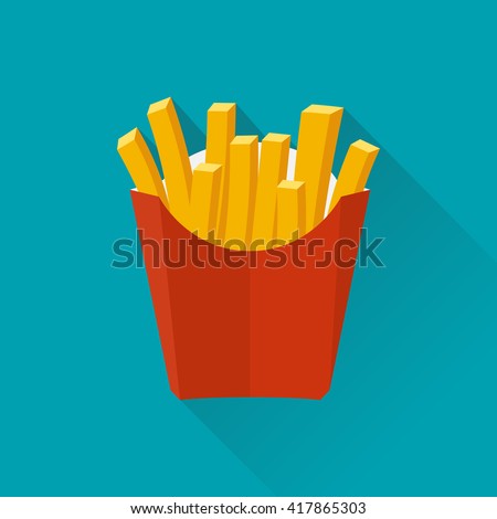 French fries in paper box, isolated. Vector illustration,  flat design with long shadow. French fries fast food in a red package.