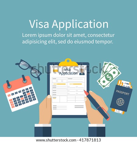 Application visa vector. Man at table fills out an application visa. Vector illustration of flat design style. Document for travel. Passport with tickets, money, calendar.