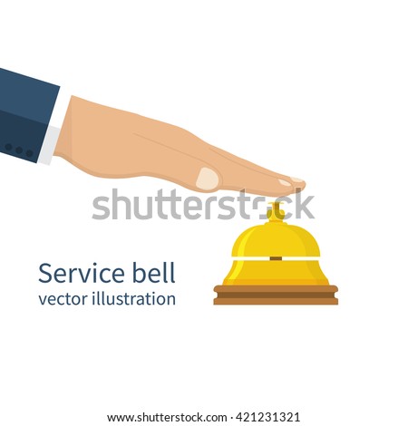 Male hand pressing service bell. Service bell, flat design style. Vector illustration. Customer at reception presses the call button. Bell hotel.