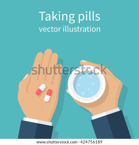 Taking the pills. Man holds in hands the capsule and a glass of water. Vector illustration flat design. Take painkillers pills. Medical treatment concept. Healthcare. Taking medical drugs.