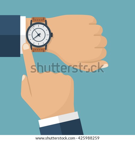 Wristwatch on the hand of businessman in suit. Time on wrist watch. Man with clock checks the time. Hand with clock isolated on background. Flat design, vector illustration.