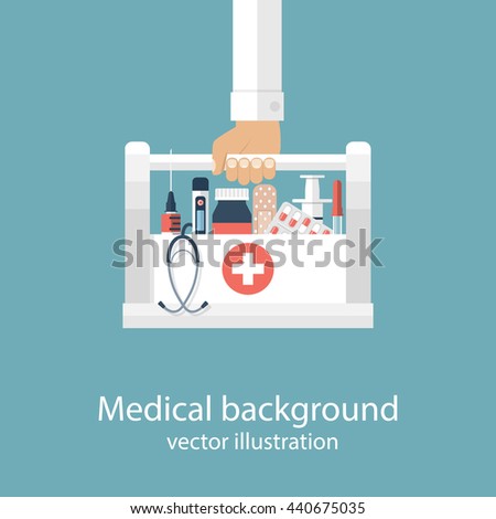 First aid kit in hands doctor. Medical background. Medical facilities with medicines and vaccinations. Vector illustration in flat design. Healthcare concept. Medical help. Emergency doctor.