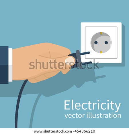 Electric power plug holding in hand. Unplug, plugged in wall socket. Vector illustration flat design. Connecting power plug.