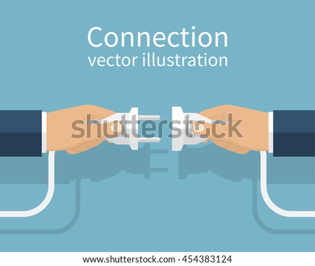 Business connection concept. Partnership. Vector illustration flat design. Businessmen connecting hold plug and outlet in hand, isolated on background. Cooperation interaction.