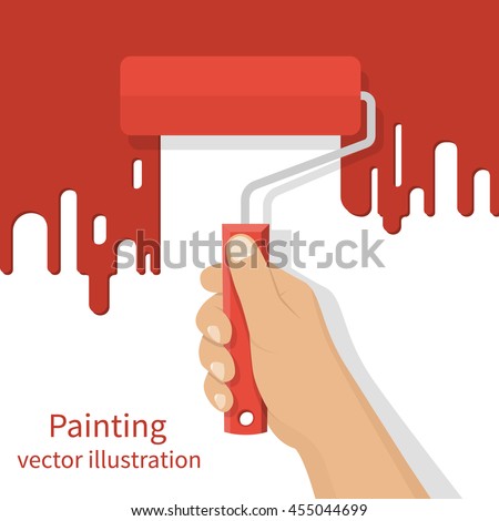 Man holding in hand roller, isolated on background painted red wall. Painting service. Artist paints. Flat style design vector illustration. Renovation concept. 