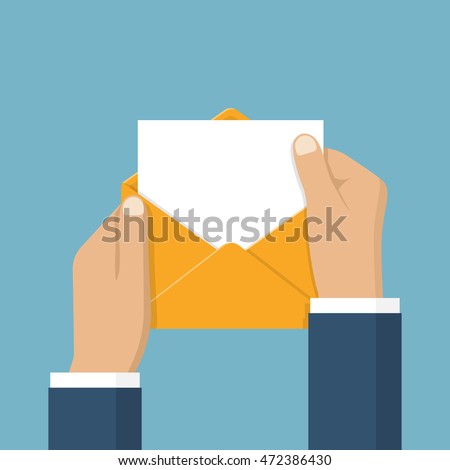 Businessman opening an envelope with letter. Blank sheet paper for text template. Vector illustration flat design. Mail concept. Isolated hands open envelope. Sending message, notification, invitation