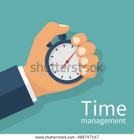 Male hand holding stopwatch. Time management concept. Flat design style vector illustration. Time control, planning. Isolated on background.