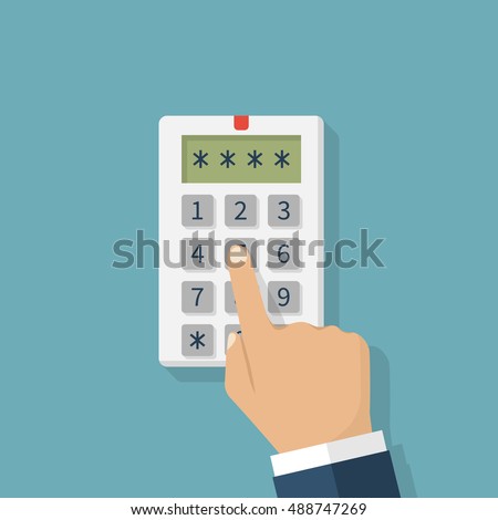 Human hand presses on the button, entering security system code. Combination  PIN code on keypad. Password house alarm. Digital combination lock wall. Vector illustration flat design.