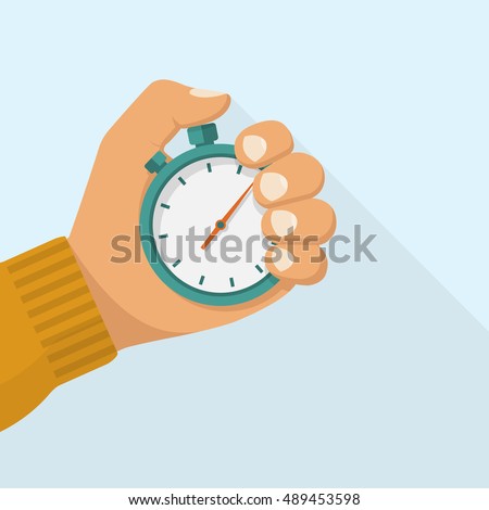 Stopwatch in hand icon. Sport timer on competitions. Trainer holding stopwatch. Start, finish. Time management. Vector illustration flat design. Isolated on background.