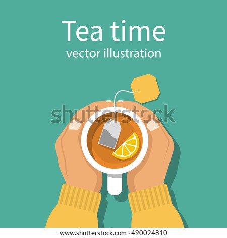 Cup of tea in hands of men. Brewed bag tea with lemon. Man warming hands touching a hot cup of tea. Time relax. Vector illustration flat design. Isolated on background.