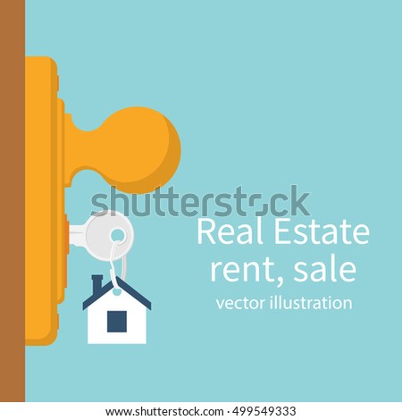 Key in keyhole on door. Real Estate concept, template for sales, rental, advertising. Sign on the home key. Vector illustration flat design.