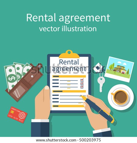 Rental agreement form contract. Signing document. Vector illustration flat design. Isolated on background.