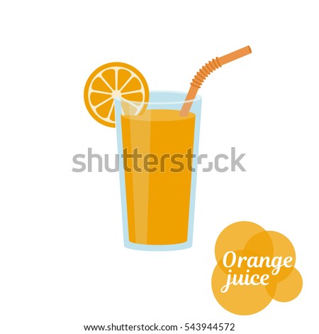 Natural  fresh orange juice in a glass. Orange slice, tube for drinking. Healthy organic food. Citrus fruit. Vector illustration flat design. Isolated on white background. Taking vitamins.