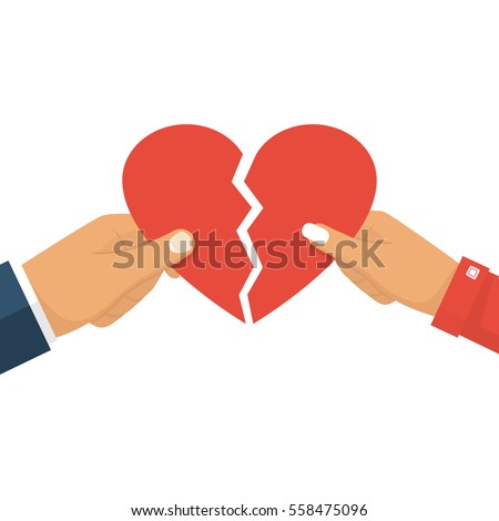 Man and female holding two halves of broken heart on white background. Breakup heart concept. Crisis relationship divorce. Unhappy love, conflict. Vector illustration flat design.
