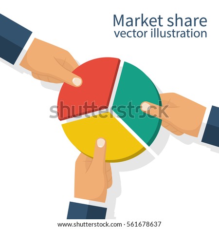 Market share business concept. Competing businessman holding in hand pie chart. Competing. Economic financial share profit. Vector illustration flat design. Isolated on white background.