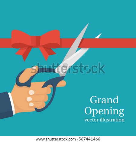 Grand opening concept. Businessman holding pair of scissors in hand cuts red tape with bow. Vector illustration flat design.Isolated on background.Ceremony, celebration, presentation and event.