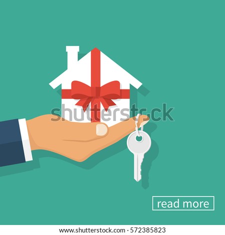 Gift home. Man holding a white paper house as a gift wrapped with ribbon and bow. Key on the finger. Vector illustration flat design. Isolated on background. Surprise estate.