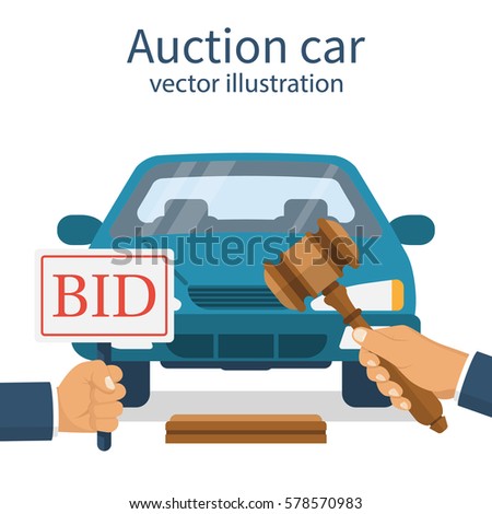 Auction car. A man stands at the auction. Auctioneer holding a gavel in his hand. Offer to purchase. Auto isolated on the background. Vector illustration flat design. Bidding concept. Selling vehicle.